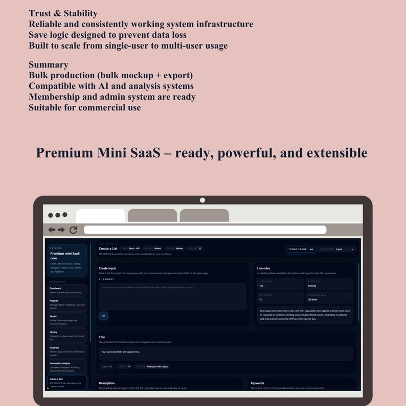 Puede incluir: Una pantalla de ordenador muestra una interfaz de software de tema oscuro. El texto en la pantalla incluye "Premium Mini SaaS" y detalles sobre sus caracter&iacute;sticas, como "Trust & Stability" y "Bulk production". El fondo es rosa suave.
