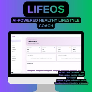 May include: A computer monitor displays the "LIFEOS" AI-powered healthy lifestyle coach interface. The dashboard shows progress bars, activity metrics, and a weekly overview. The screen also displays "SAAS CORE TECHNOLOGY" details.