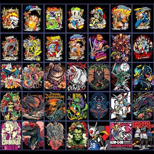 May include: Collection of graphic t-shirts with various designs, including skulls, anime characters, monsters, and superheroes. Each shirt features vibrant colors and detailed illustrations on a black background.