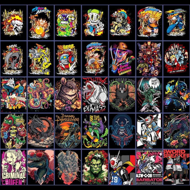 May include: Collection of graphic t-shirts with various designs, including skulls, anime characters, monsters, and superheroes. Each shirt features vibrant colors and detailed illustrations on a black background.