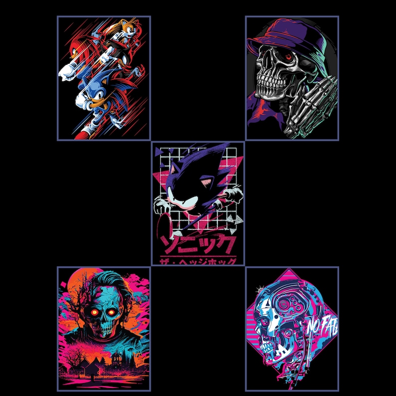 May include: Five graphic art prints on a black background. The prints feature a variety of designs, including Sonic the Hedgehog, a skull wearing a hat, and a skull with the text "NO FEAR". The color palette includes vibrant blues, pinks, and reds.