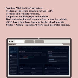Puede incluir: Una pantalla de ordenador que muestra una interfaz de software de tema oscuro con m&uacute;ltiples secciones y ajustes. La pantalla est&aacute; sobre un fondo rosa claro. El texto en la parte superior describe las caracter&iacute;sticas del software, incluyendo "Premium Mini SaaS Infrastructure."