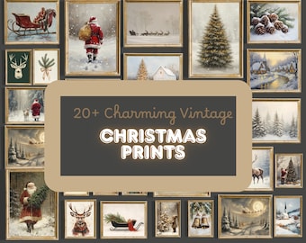 May include: A collection of framed vintage Christmas prints. The prints feature winter scenes, Santa Claus, reindeer, Christmas trees, and other holiday-themed images. The text on the image reads "20+ Charming Vintage Christmas Prints."