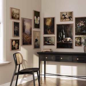 Vintage French country prints with dark academia influence, moody printable gallery wall decor.