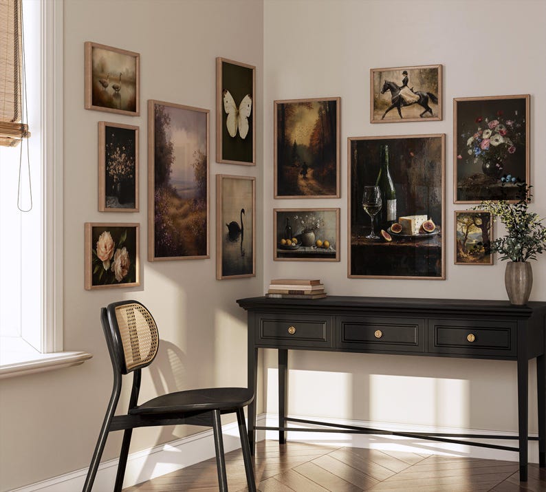 Vintage French country prints with dark academia influence, moody printable gallery wall decor.