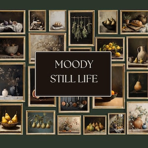 Dark cottagecore gallery wall thumbnail featuring vintage framed prints, moody florals, landscape art, bird artwork, swan painting, antique portraits, and dark green background.