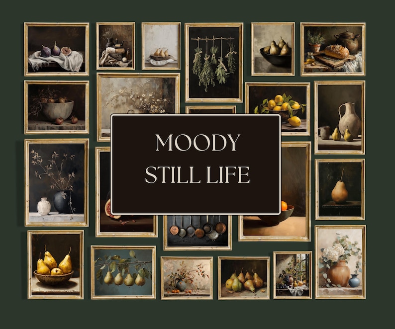 Dark cottagecore gallery wall thumbnail featuring vintage framed prints, moody florals, landscape art, bird artwork, swan painting, antique portraits, and dark green background.