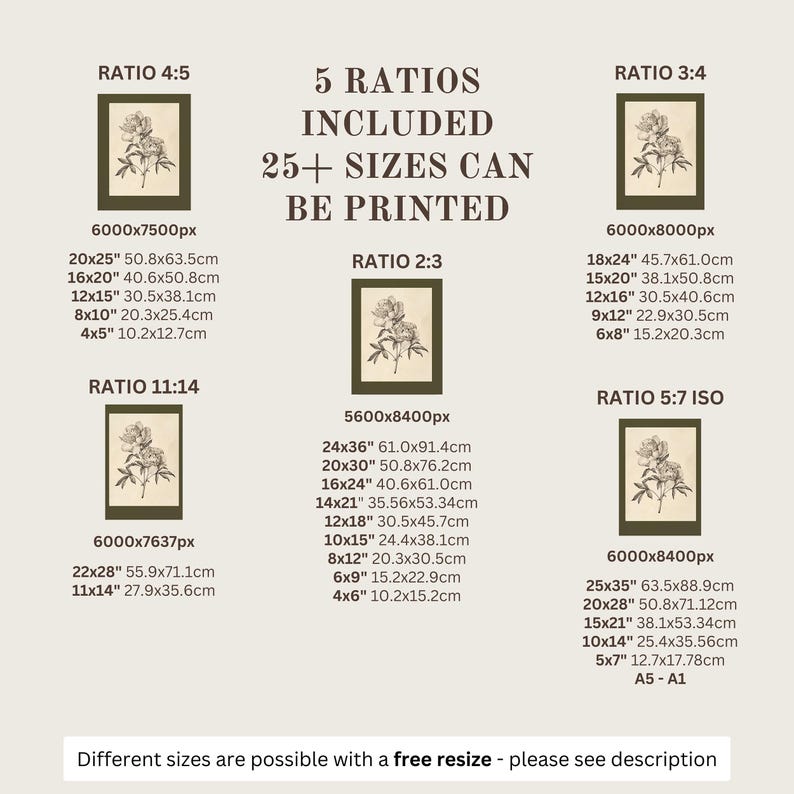 以下が含まれることがあります： 4:5、2:3、3:4、11:14、5:7 ISOなど、さまざまなアスペクト比で表示された植物画の画像。詳細な花のイラストが特徴です。テキストには、25以上のサイズをcm単位で印刷できると記載されています。