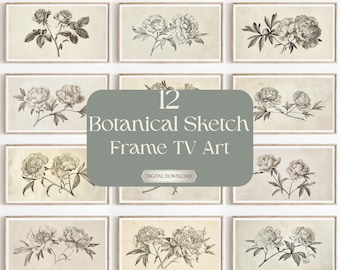 Samsung フレーム TV アート用ヴィンテージ フラワー スケッチ 12 枚セット、ダウンロード可能なニュートラル フレーム TV バンドル、B203