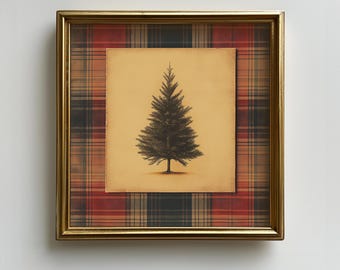 Classic Plaid Pine Tree Wall Art - Cozy Christmas Cabin Decor, Neutral Forest Print - XM122