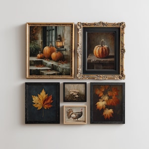 200+ moody autumn wall art bundle featuring rustic pumpkins, turkey artwork, owl prints, mushroom art, old books, florals, and dark fall scenery.
