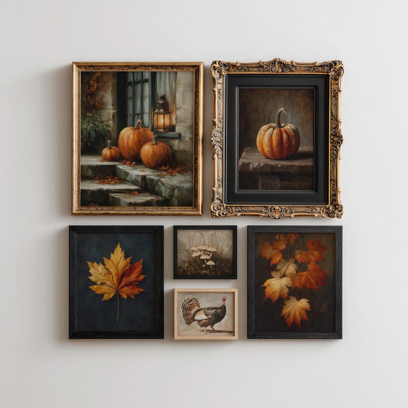 200+ moody autumn wall art bundle featuring rustic pumpkins, turkey artwork, owl prints, mushroom art, old books, florals, and dark fall scenery.