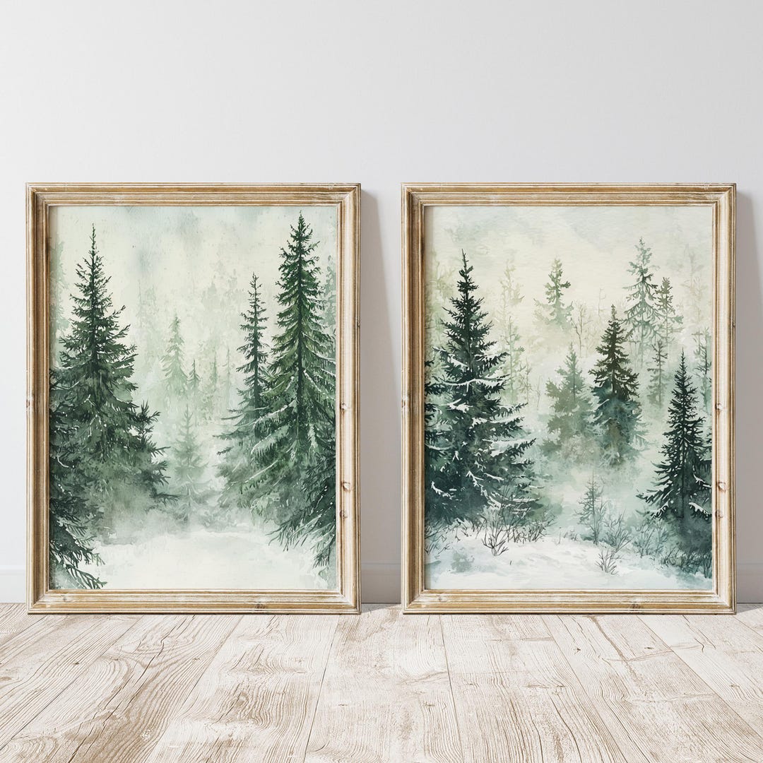 Winter Pine Trees Art Print Set, Winter Forest Printable Wall Art ...