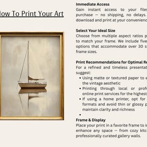 May include: A framed print of a sailboat on calm water, with a gold-colored frame. The image has a soft, muted color palette. Text at the top reads "How To Print Your Art". The print is recommended for home decor.