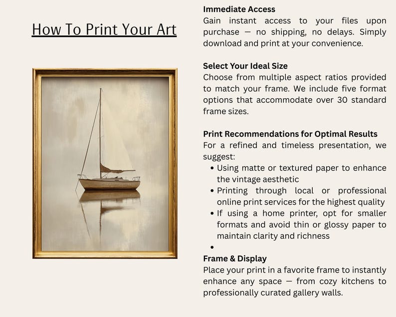 May include: A framed print of a sailboat on calm water, with a gold-colored frame. The image has a soft, muted color palette. Text at the top reads "How To Print Your Art". The print is recommended for home decor.