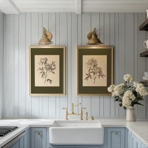 Two vintage botanical peony art prints in gold frames with olive green mats displayed above a white farmhouse sink in a light blue paneled kitchen, styled with brass wall sconces, brass faucet, marble countertops, and a vase of white hydrangeas.