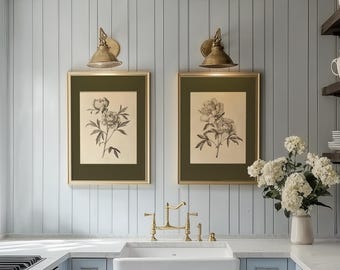 ヴィンテージフラワースケッチプリント2枚セット - セージグリーンのボタニカルウォールアート、ダークグリーンの花柄ドローイングアート、ボタニカルプリントセット WG109