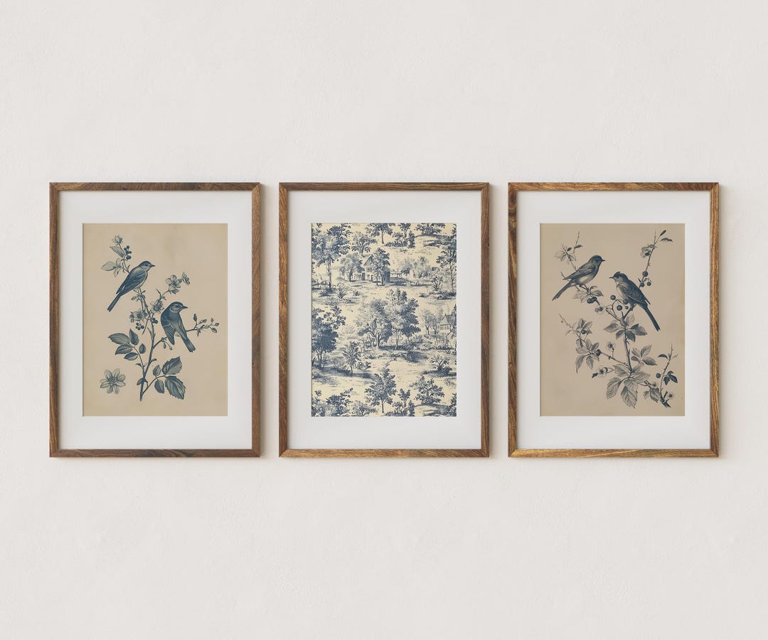 French Country Bird Print Set, Antique Blue Botanical Wall Art, Vintage ...