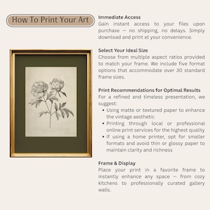 以下が含まれることがあります： 牡丹の白黒イラストが描かれた額入りのボタニカルプリント。 金色のフレームと緑色のマットの中にあり、「How To Print Your Art」と書かれたテキストがあります。