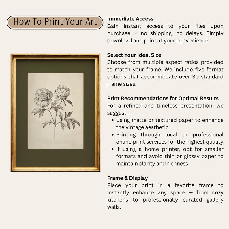以下が含まれることがあります： 牡丹の白黒イラストが描かれた額入りのボタニカルプリント。 金色のフレームと緑色のマットの中にあり、「How To Print Your Art」と書かれたテキストがあります。