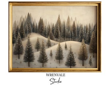 雪の森のウォールアートプリント - 素朴なホリデーデコレーションに最適なヴィンテージの松の木の風景 195