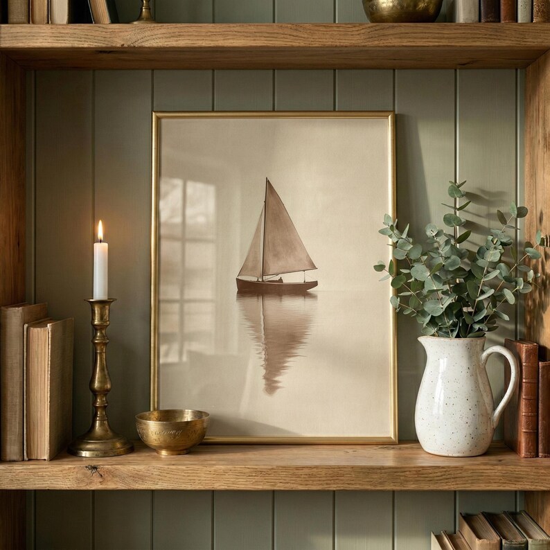 May include: A framed print of a sailboat on calm water, with a gold frame. The print is displayed on a wooden shelf with a brass candlestick, a small brass bowl, a white pitcher with greenery, and books. The background is a muted green.