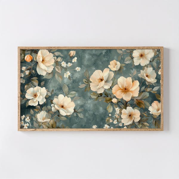 Blue Vintage Floral Samsung TV Art – Rustic White Wildflowers & Spring Wallpaper, TV160