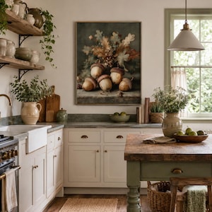 May include: A kitchen interior featuring a framed wall art print of acorns and oak leaves, white cabinetry, a wooden island, a farmhouse sink, open shelving with ceramic bowls, and a pendant light hanging above a wooden butcher block island.