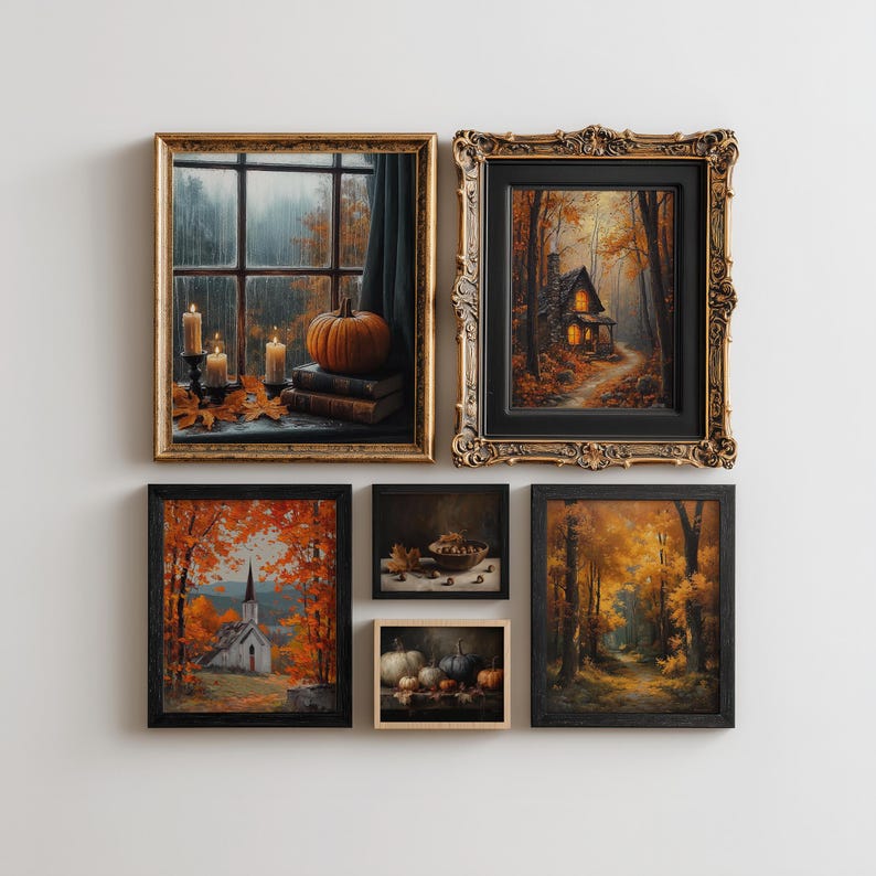 Printable Thanksgiving gallery wall set for dining room, farmhouse kitchen, living room, entryway, library, cabin, and cozy fall home decorating.