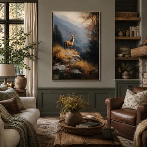 May include: A framed wall art print featuring a majestic deer standing on a rocky, golden-hued hillside. The background displays a misty mountain range with deep green pine trees and soft, warm lighting, creating a serene and natural landscape scene.