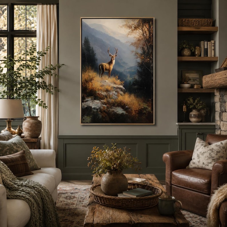 May include: A framed wall art print featuring a majestic deer standing on a rocky, golden-hued hillside. The background displays a misty mountain range with deep green pine trees and soft, warm lighting, creating a serene and natural landscape scene.