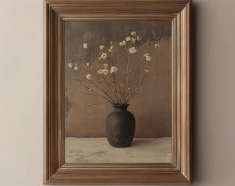 Rustic Still Life Printable - Moody Wildflowers in Dark Vase, Farmhouse Decor, Vintage Earthy Painting, Neutral Cozy Wall Art Download 58