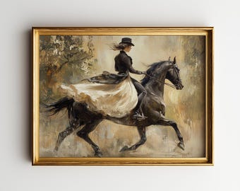 Vintage Woman Riding Black Horse Painting - Romantic Sidesaddle Gown, Moody Earthy Tones, Classic Horseback Scene, Printable Digital Art 243