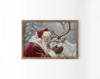 Retro Santa Wall Art, Vintage Santa & Reindeer Print, Rustic Christmas Decor, Santa Claus Painting, Festive Holiday Scene, Winter Landscape