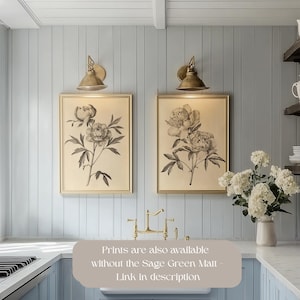 ヴィンテージフラワースケッチプリント2枚セット - セージグリーンのボタニカルウォールアート、ダークグリーンの花柄ドローイングアート、ボタニカルプリントセット WG109 画像 5