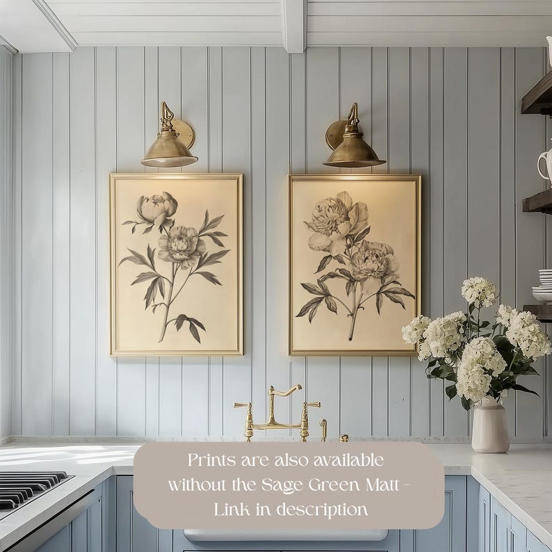 ヴィンテージフラワースケッチプリント2枚セット - セージグリーンのボタニカルウォールアート、ダークグリーンの花柄ドローイングアート、ボタニカルプリントセット WG109 画像 5