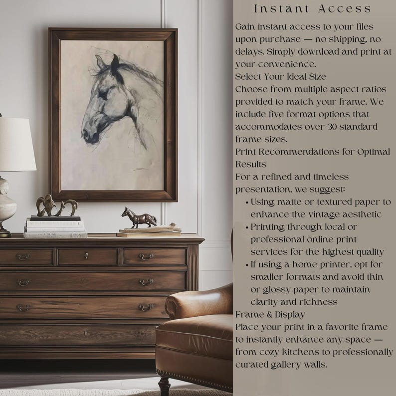 May include: A framed charcoal-style sketch of a horse head hanging above a dark wooden dresser. The dresser holds a lamp, a small horse figurine, and a stack of books. The image includes text detailing instant access, file downloads, and printing.