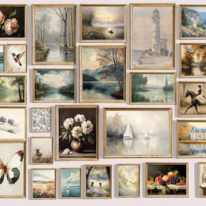 Moody gallery wall print bundle featuring dark green cottagecore decor, vintage framed artwork, romantic florals, wildlife prints, portraits, landscapes, and old-world wall art.