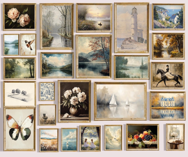 Moody gallery wall print bundle featuring dark green cottagecore decor, vintage framed artwork, romantic florals, wildlife prints, portraits, landscapes, and old-world wall art.