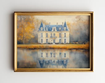 Romantic French Château Printable Art - Vintage Serenity, Impressionistic Painterly Style, Moody European Landscape, Digital Download