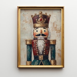 May include: A framed painting of a nutcracker soldier. The nutcracker has a red and green uniform, a black mustache, and a crown. The background is a textured, off-white color, and the frame is gold.