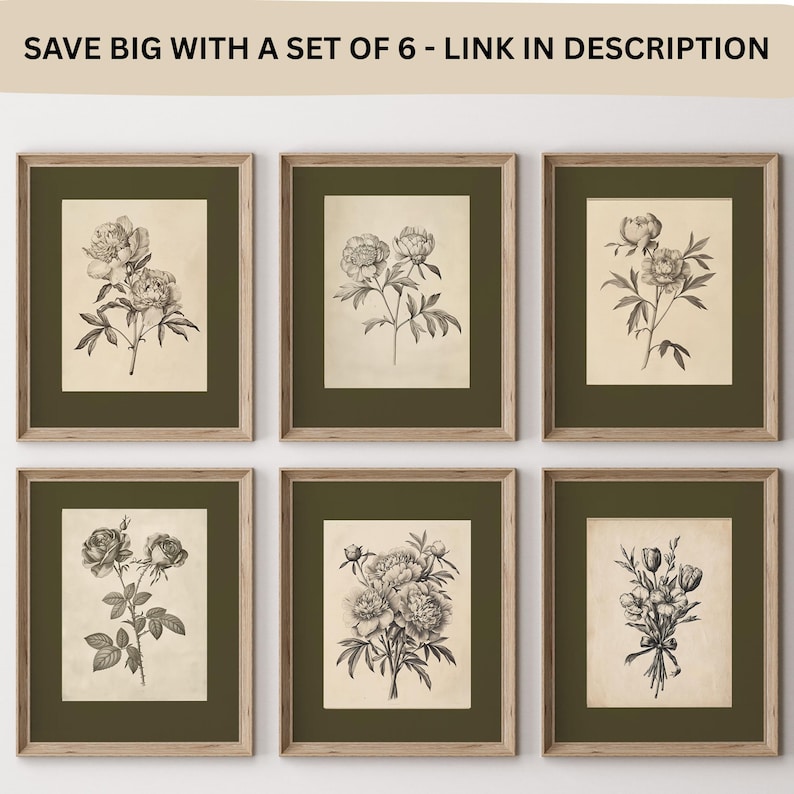 以下が含まれることがあります： 6つの額入り植物画のセット。各プリントは、シャクヤクやバラなど、さまざまな花の精巧な白黒イラストをクリーム色の背景に表示しています。フレームは薄茶色で、濃い緑色のマットが付いています。上部のテキストは「SAVE BIG WITH A SET OF 6 - LINK IN DESCRIPTION」と書かれています。