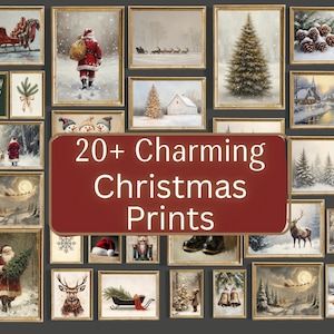 May include: A collection of framed Christmas prints with various winter scenes, including Santa Claus, reindeer, snowy landscapes, and Christmas trees. The text "20+ Charming Christmas Prints" is displayed on a maroon sign.