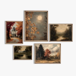 Vintage fall farmhouse decor collection showing gold-framed Thanksgiving prints with harvest still life art, woodland animals, moody landscapes, and warm autumn colors.