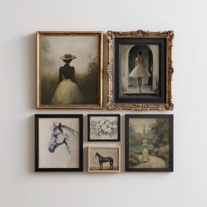 May include: A gallery wall arrangement featuring five framed artworks. The collection includes two paintings of figures in hats, a charcoal sketch of a horse, a small floral still life, and a painting of a horse standing in a field.