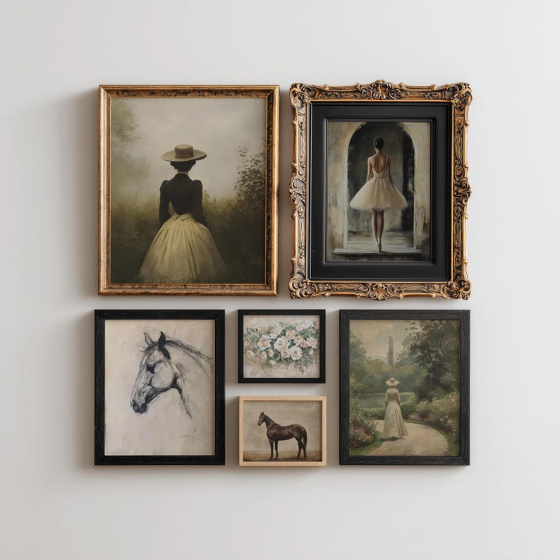 May include: A gallery wall arrangement featuring five framed artworks. The collection includes two paintings of figures in hats, a charcoal sketch of a horse, a small floral still life, and a painting of a horse standing in a field.