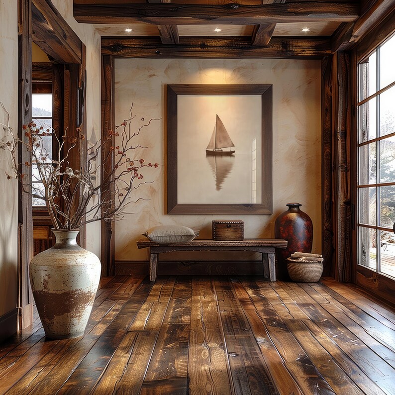 May include: A rustic interior with a wooden floor and ceiling beams. A framed picture of a sailboat hangs above a wooden bench. A large vase with branches and a decorative basket complete the scene.