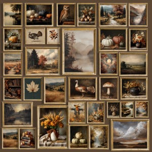 Rustic dark academia Thanksgiving print bundle with 200+ vintage fall artworks, pumpkins, turkeys, owls, old books, mushrooms, leaves, and autumn landscapes.