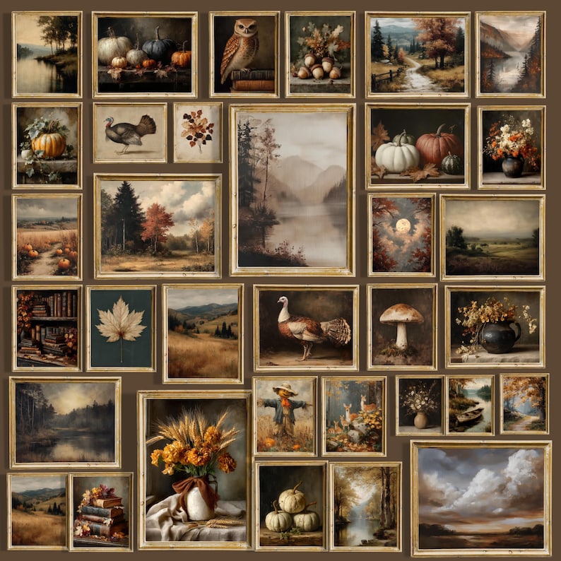 Rustic dark academia Thanksgiving print bundle with 200+ vintage fall artworks, pumpkins, turkeys, owls, old books, mushrooms, leaves, and autumn landscapes.