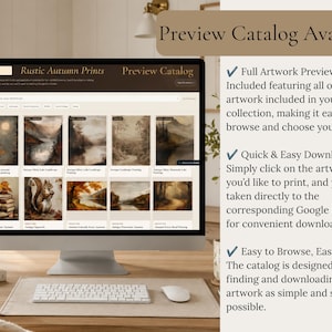 May include: A computer monitor displaying a digital catalog titled Rustic Autumn Prints, featuring a grid of various landscape and nature-themed artworks. The screen shows thumbnails of paintings, including forests, lakes, and a squirrel, with text instructions for downloading files via Google Drive.